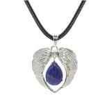 Vintage Silver Angel Wings Heart Necklace - Natural Stone Wax Cord Teardrop Pendant for Men & Women, Spiritual Gift