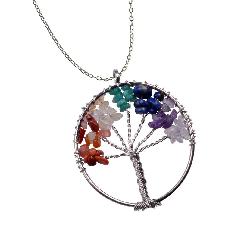 7 Chakra Tree of Life Pendant, Hand Wire‑Wrapped Natural Crystal Chip Round Charm, Optional Owl Metal Accent Spiritual Reiki Healing Jewelry for Necklace Making
