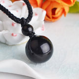 Polished Black Obsidian Sphere Pendant Necklace, Multi‑Size Round Obsidian Ball with Braided Black‑Gold Adjustable Cord, Protection Energy Stone Unisex Spiritual Necklace