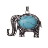 Antique Silver Elephant Natural Gemstone Pendant, Oval Cabochon Crystal Stone Elephant Charm Pendant, Reiki Chakra Healing Stone DIY Jewelry Making Supply for Necklace