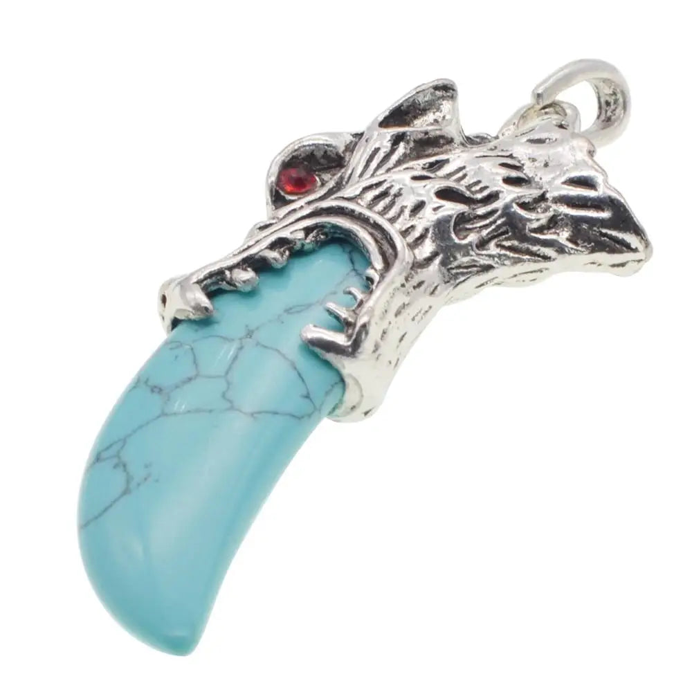 Retro Silver Wolf Head Wrapped Turquoise Tooth‑Shape Natural Stone Necklace, Multi‑Variant Gem Wolf Claw Amulet Necklace, Gothic Tribal Statement Jewelry