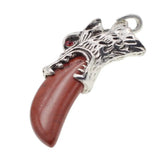 Antique Silver Wolf Head Claw Natural Gemstone Pendant Necklace, Vintage Carved Wolf Tooth Crystal Charm Necklace, Boho Spiritual Protection Healing Stone Jewelry for Men Women