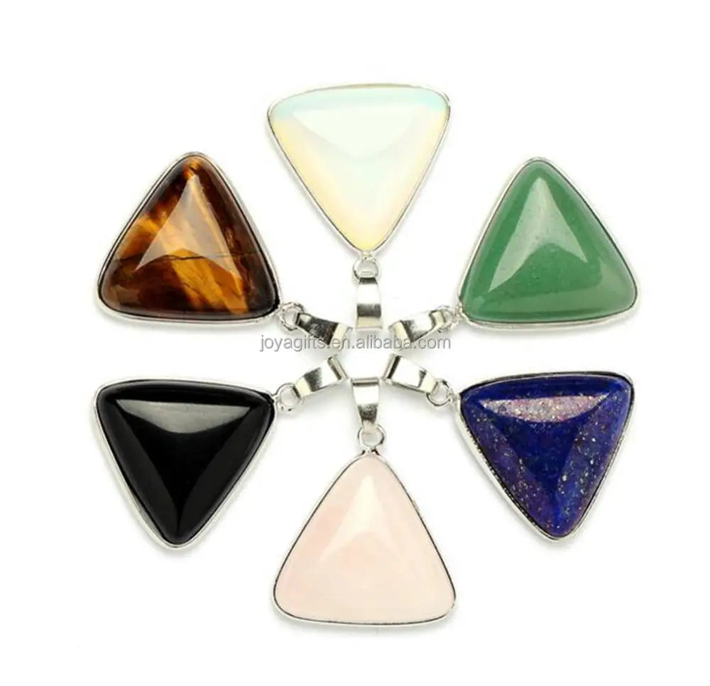 Silver Plated Triangle Natural Stone Pendant, Polished Smooth Triangle Gemstone Charm, Boho Crystal Pendant for DIY Necklace Jewelry‑Making, Reiki Chakra Healing Spiritual Accessory for Women