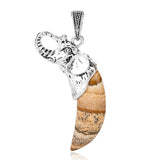 Antique Silver Elephant Wrapped Crescent Moon Natural Gemstone Pendant Necklace, Polished Moon‑Shape Crystal Charm Necklace, Boho Spiritual Chakra Reiki Healing Stone Jewelry for Women