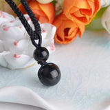 Polished Black Obsidian Sphere Pendant Necklace, Multi‑Size Round Obsidian Ball with Braided Black‑Gold Adjustable Cord, Protection Energy Stone Unisex Spiritual Necklace