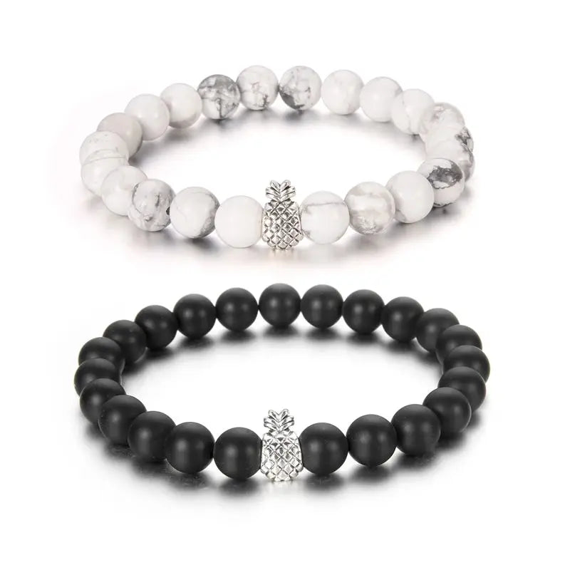 Natural Frosted Agate Beaded Bracelet - Silver Pineapple Charm Healing Jewelry