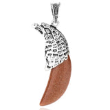 Antique Silver Eagle Head Claw‑Shaped Natural Gemstone Pendant Necklace, Vintage Carved Eagle Cap Crescent Crystal Charm Necklace, Tribal Spiritual Protection Healing Stone Jewelry for Men Women