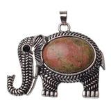 Antique Silver Elephant Natural Gemstone Pendant, Oval Cabochon Crystal Stone Elephant Charm Pendant, Reiki Chakra Healing Stone DIY Jewelry Making Supply for Necklace