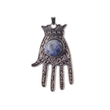 Antique Silver Hamsa Hand Pendant with Round Natural Stone, Evil Eye Protection Gemstone Charm, Boho Spiritual Hand of Fatima Necklace Pendant