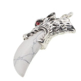 Antique Silver Wolf Head Claw Natural Gemstone Pendant Necklace, Vintage Carved Wolf Tooth Crystal Charm Necklace, Boho Spiritual Protection Healing Stone Jewelry for Men Women