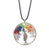7 Chakra Tree of Life Pendant, Hand Wire‑Wrapped Natural Crystal Chip Round Charm, Optional Owl Metal Accent Spiritual Reiki Healing Jewelry for Necklace Making