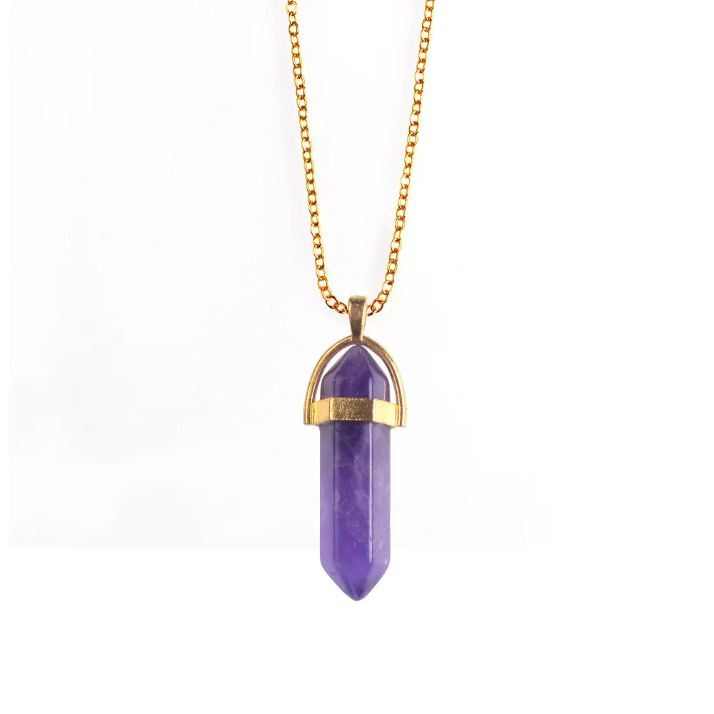 Natural Crystal Point Pendant Necklace Gold Plated Box Chain Hexagon Stone Chakra Healing Crystal Necklace Reiki Meditation Gemstone Jewelry
