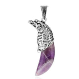 Antique Silver Eagle Head Claw‑Shaped Natural Gemstone Pendant Necklace, Vintage Carved Eagle Cap Crescent Crystal Charm Necklace, Tribal Spiritual Protection Healing Stone Jewelry for Men Women