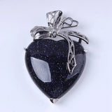 Multi Color Natural Stone Heart Pendant Silver Tone Bowknot Metal Setting Crystal Charm for Necklace Making Women Jewelry Gift