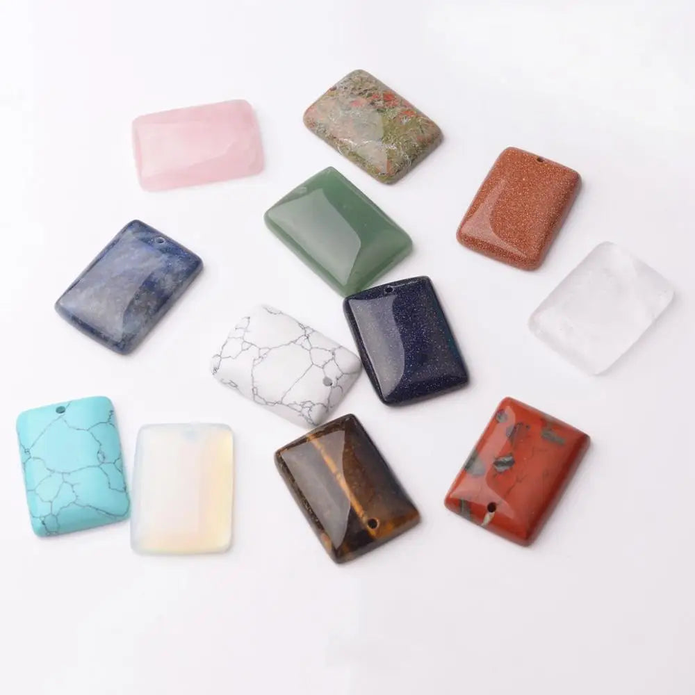 Rectangle Flat Natural Gemstone Pendant, Pre‑Drilled Hole Polished Rectangular Crystal Slab Charm, Mixed Stone Options DIY Necklace Jewelry Making Supply, Reiki Healing Craft Accessory