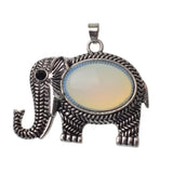 Antique Silver Elephant Natural Gemstone Pendant, Oval Cabochon Crystal Stone Elephant Charm Pendant, Reiki Chakra Healing Stone DIY Jewelry Making Supply for Necklace