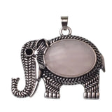 Antique Silver Elephant Natural Gemstone Pendant, Oval Cabochon Crystal Stone Elephant Charm Pendant, Reiki Chakra Healing Stone DIY Jewelry Making Supply for Necklace