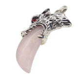 Antique Silver Wolf Head Claw Natural Gemstone Pendant Necklace, Vintage Carved Wolf Tooth Crystal Charm Necklace, Boho Spiritual Protection Healing Stone Jewelry for Men Women