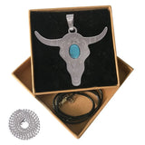 Retro Southwest Bull Skull Pendant, Vintage Silver‑Tone Longhorn Bull Head Charm Inlaid Natural Cabochon Stone, Boho Western Style DIY Jewelry Making Supply