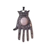 Antique Silver Hamsa Hand Pendant with Round Natural Stone, Evil Eye Protection Gemstone Charm, Boho Spiritual Hand of Fatima Necklace Pendant