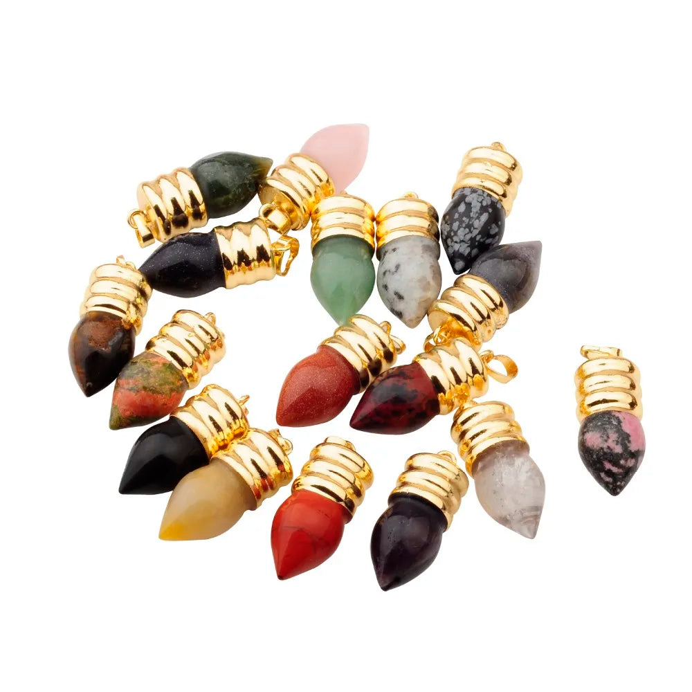 Gold Spiral Cap Bullet Shape Natural Stone Pendant, Teardrop Pointed Gemstone Charm with Grooved Gold Bail, Reiki Healing Crystal DIY Necklace Pendant