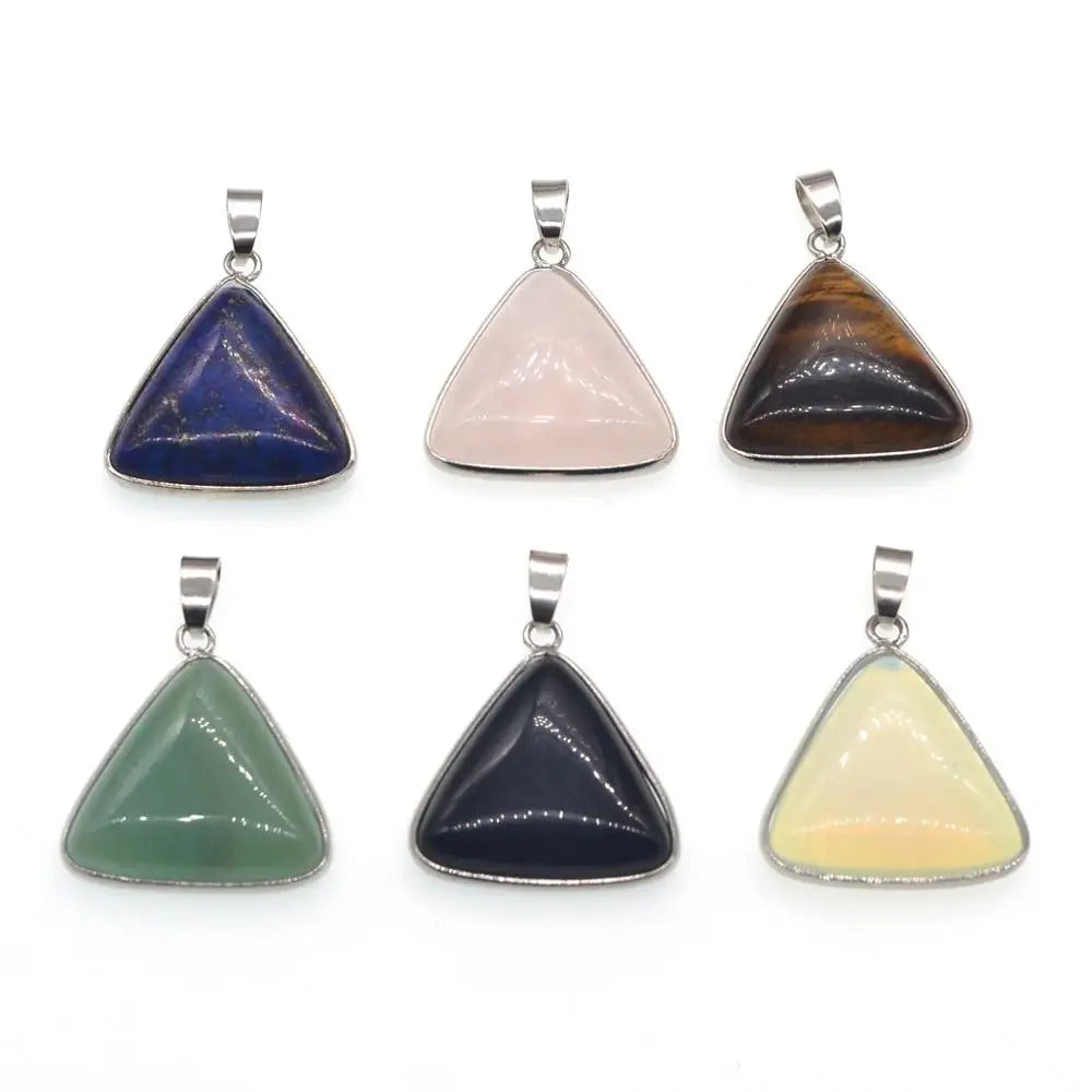 Silver Plated Triangle Natural Stone Pendant, Polished Smooth Triangle Gemstone Charm, Boho Crystal Pendant for DIY Necklace Jewelry‑Making, Reiki Chakra Healing Spiritual Accessory for Women