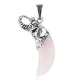 Antique Silver Elephant Wrapped Crescent Moon Natural Gemstone Pendant Necklace, Polished Moon‑Shape Crystal Charm Necklace, Boho Spiritual Chakra Reiki Healing Stone Jewelry for Women