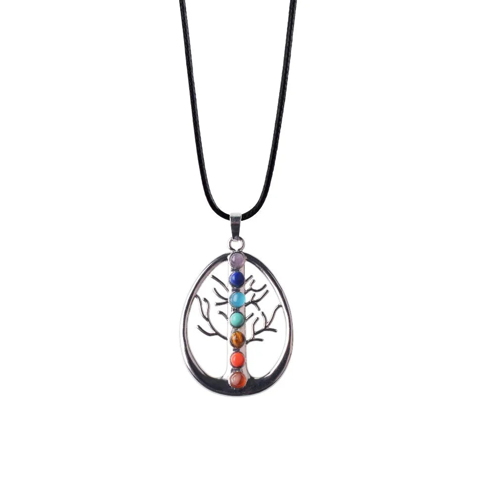 Tree of Life 7 Chakra Pendant Necklace, Silver‑Plated Hollow Oval Tree Charm with Natural Chakra Gemstone Beads, Reiki Healing Spiritual Yoga Jewelry for Men Women