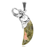 Antique Silver Elephant Wrapped Crescent Moon Natural Gemstone Pendant Necklace, Polished Moon‑Shape Crystal Charm Necklace, Boho Spiritual Chakra Reiki Healing Stone Jewelry for Women