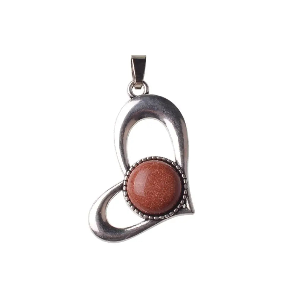 Vintage Openwork Heart Shape Natural Stone Pendant, Multi Color Round Cabochon Gem Charm for DIY Handmade Jewelry Making