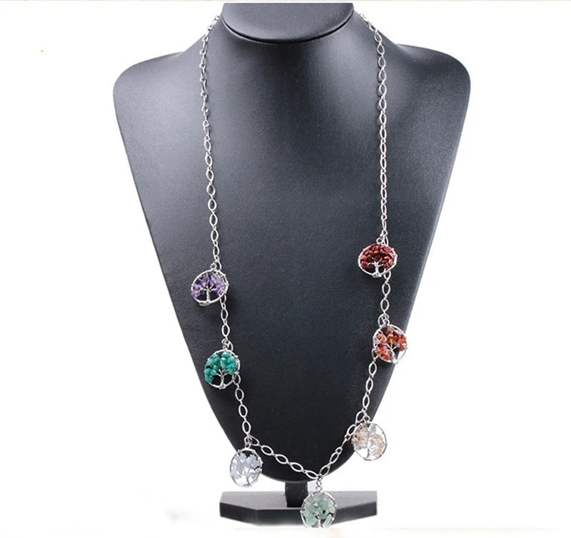 7 Chakra Tree of Life Long Necklace Natural Chip Crystal Handmade Wire Wrapped Life Tree Pendant 80cm Chain Reiki Healing Chakra Energy Bohemian Statement Necklace for Women
