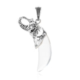 Antique Silver Elephant Wrapped Crescent Moon Natural Gemstone Pendant Necklace, Polished Moon‑Shape Crystal Charm Necklace, Boho Spiritual Chakra Reiki Healing Stone Jewelry for Women