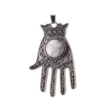 Antique Silver Hamsa Hand Pendant with Round Natural Stone, Evil Eye Protection Gemstone Charm, Boho Spiritual Hand of Fatima Necklace Pendant