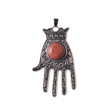 Antique Silver Hamsa Hand Pendant with Round Natural Stone, Evil Eye Protection Gemstone Charm, Boho Spiritual Hand of Fatima Necklace Pendant