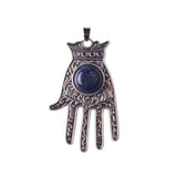 Antique Silver Hamsa Hand Pendant with Round Natural Stone, Evil Eye Protection Gemstone Charm, Boho Spiritual Hand of Fatima Necklace Pendant
