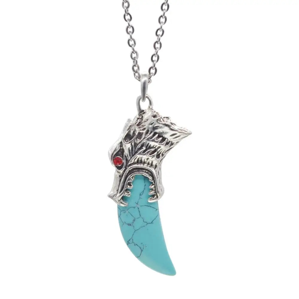 Retro Silver Wolf Head Wrapped Turquoise Tooth‑Shape Natural Stone Necklace, Multi‑Variant Gem Wolf Claw Amulet Necklace, Gothic Tribal Statement Jewelry