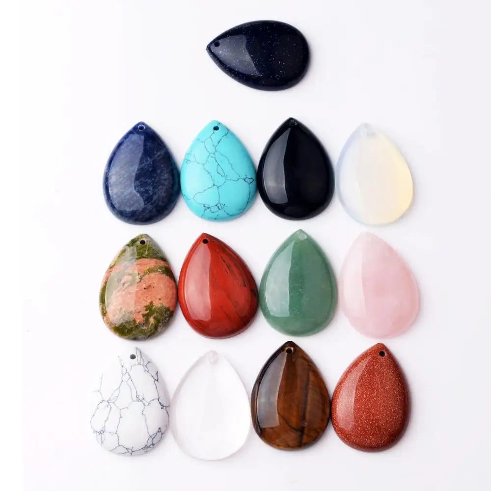 Teardrop Flat Natural Gemstone Pendant, Pre‑Drilled Hole Polished Water Drop Crystal Charm 18×25mm, Mixed Stones DIY Necklace Jewelry‑Making Supply, Reiki Chakra Healing Craft Accessory