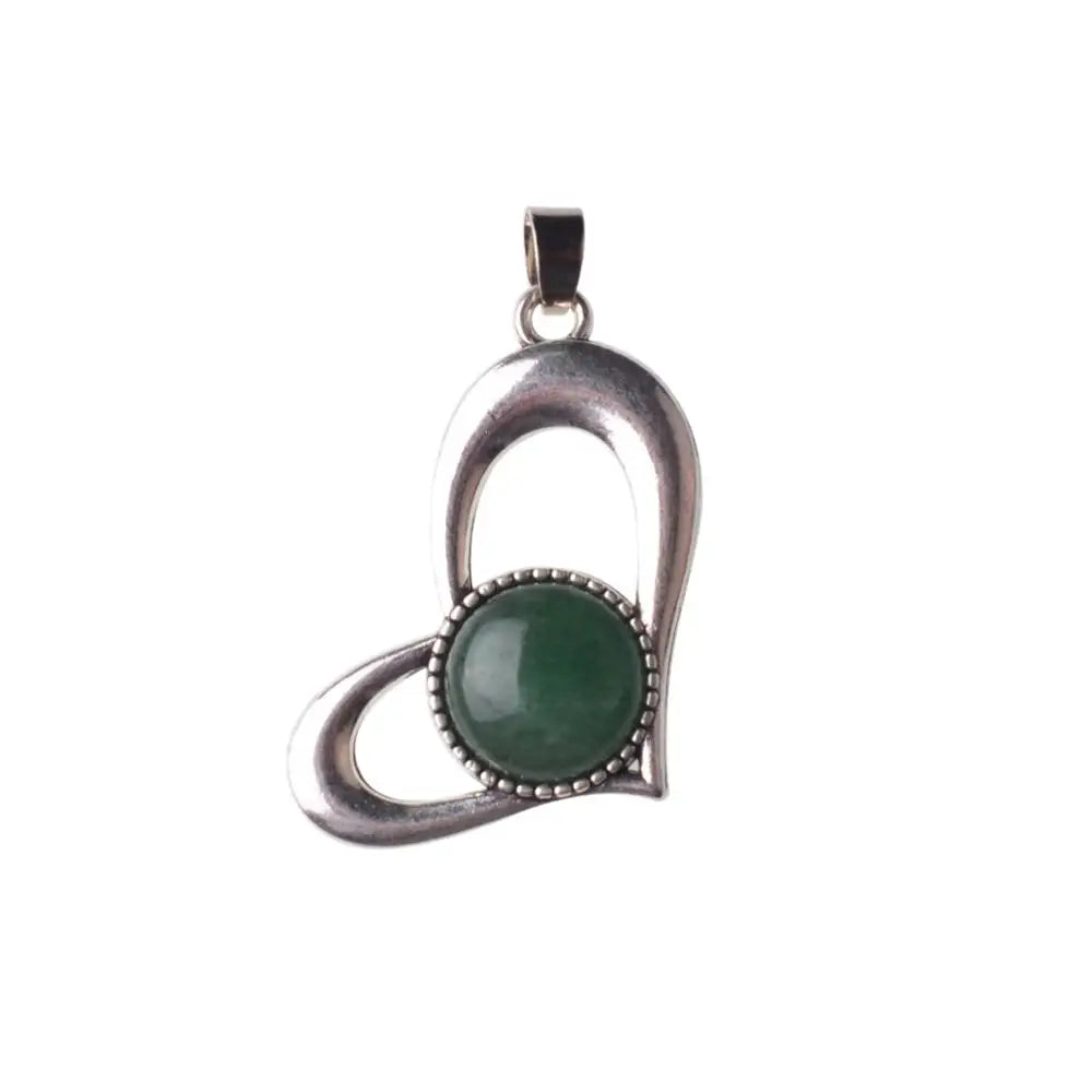 Vintage Openwork Heart Shape Natural Stone Pendant, Multi Color Round Cabochon Gem Charm for DIY Handmade Jewelry Making