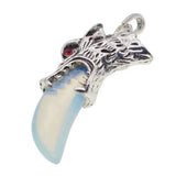 Antique Silver Wolf Head Claw Natural Gemstone Pendant Necklace, Vintage Carved Wolf Tooth Crystal Charm Necklace, Boho Spiritual Protection Healing Stone Jewelry for Men Women