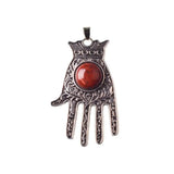 Antique Silver Hamsa Hand Pendant with Round Natural Stone, Evil Eye Protection Gemstone Charm, Boho Spiritual Hand of Fatima Necklace Pendant