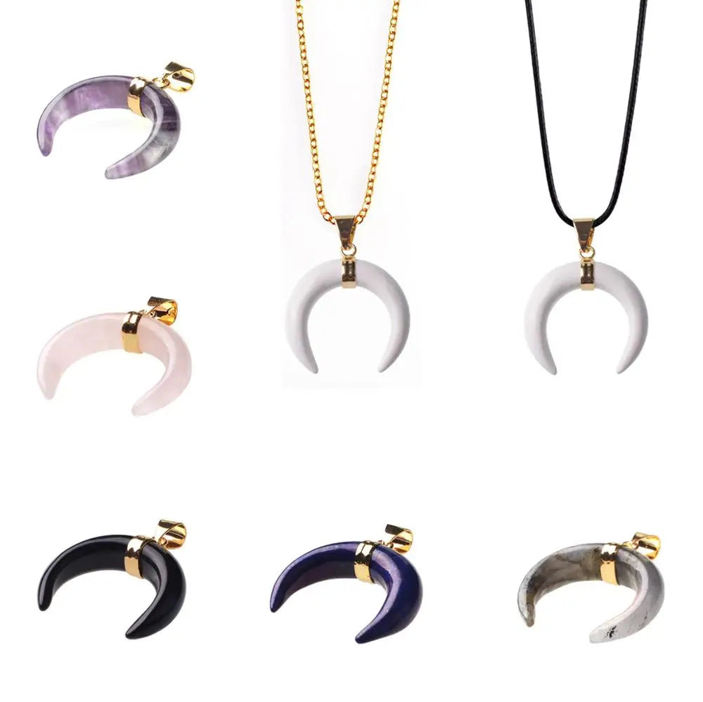 Gold Plated Natural Stone Crescent Moon Pendant, Double Horn Shape Gemstone Moon Charm, Boho Spiritual DIY Necklace Pendant for Women Jewelry Making