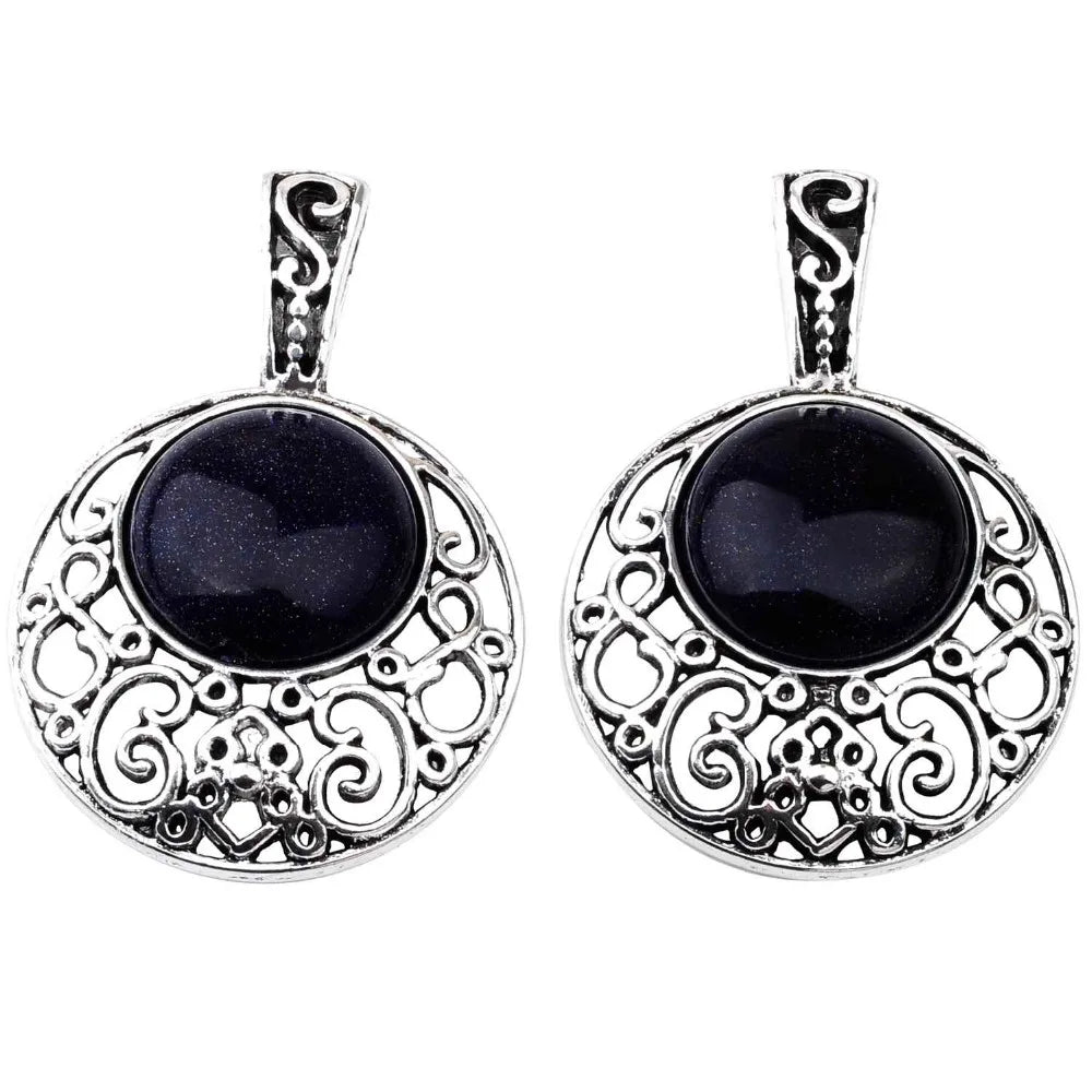 Plated Silver 40MM Round Zinc Alloy 20MM Semi Precious stone Blue Goldsand Pendants for women Charms Jewelry Necklace