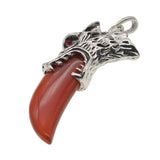Antique Silver Wolf Head Claw Natural Gemstone Pendant Necklace, Vintage Carved Wolf Tooth Crystal Charm Necklace, Boho Spiritual Protection Healing Stone Jewelry for Men Women