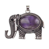 Antique Silver Elephant Natural Gemstone Pendant, Oval Cabochon Crystal Stone Elephant Charm Pendant, Reiki Chakra Healing Stone DIY Jewelry Making Supply for Necklace