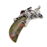 Antique Silver Wolf Head Claw Natural Gemstone Pendant Necklace, Vintage Carved Wolf Tooth Crystal Charm Necklace, Boho Spiritual Protection Healing Stone Jewelry for Men Women