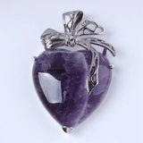 Multi Color Natural Stone Heart Pendant Silver Tone Bowknot Metal Setting Crystal Charm for Necklace Making Women Jewelry Gift
