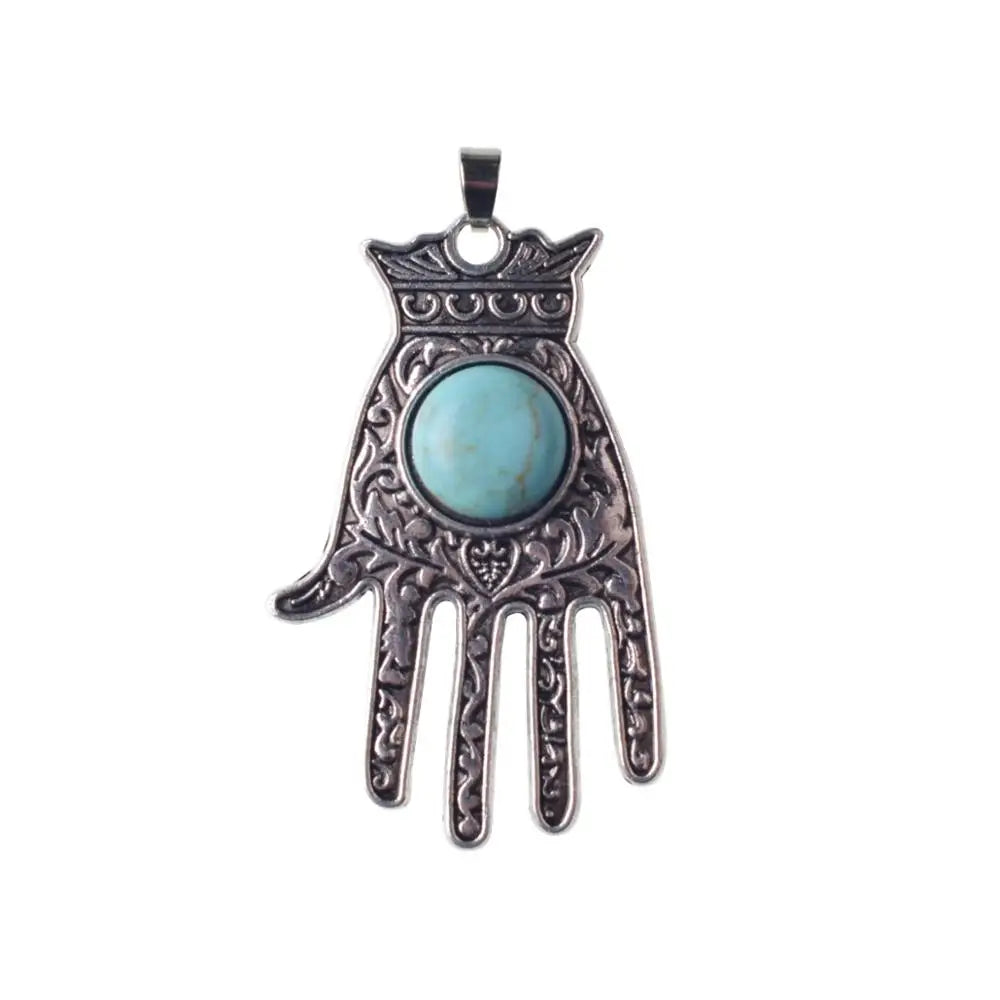 Antique Silver Hamsa Hand Pendant with Round Natural Stone, Evil Eye Protection Gemstone Charm, Boho Spiritual Hand of Fatima Necklace Pendant