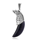 Antique Silver Eagle Head Claw‑Shaped Natural Gemstone Pendant Necklace, Vintage Carved Eagle Cap Crescent Crystal Charm Necklace, Tribal Spiritual Protection Healing Stone Jewelry for Men Women