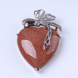 Multi Color Natural Stone Heart Pendant Silver Tone Bowknot Metal Setting Crystal Charm for Necklace Making Women Jewelry Gift