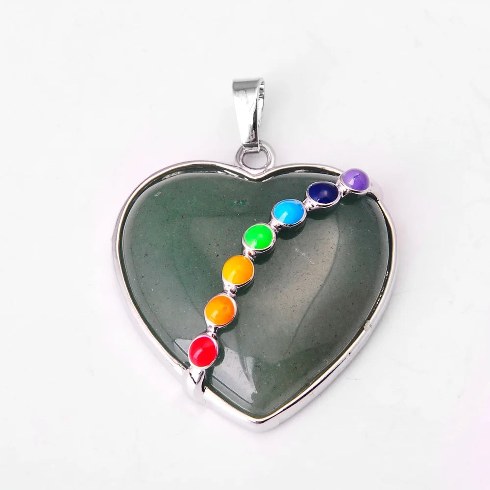 Natural Green Aventurine Heart Pendant with 7 Chakra Beads, Spiritual Energy Balance Crystal Jewelry